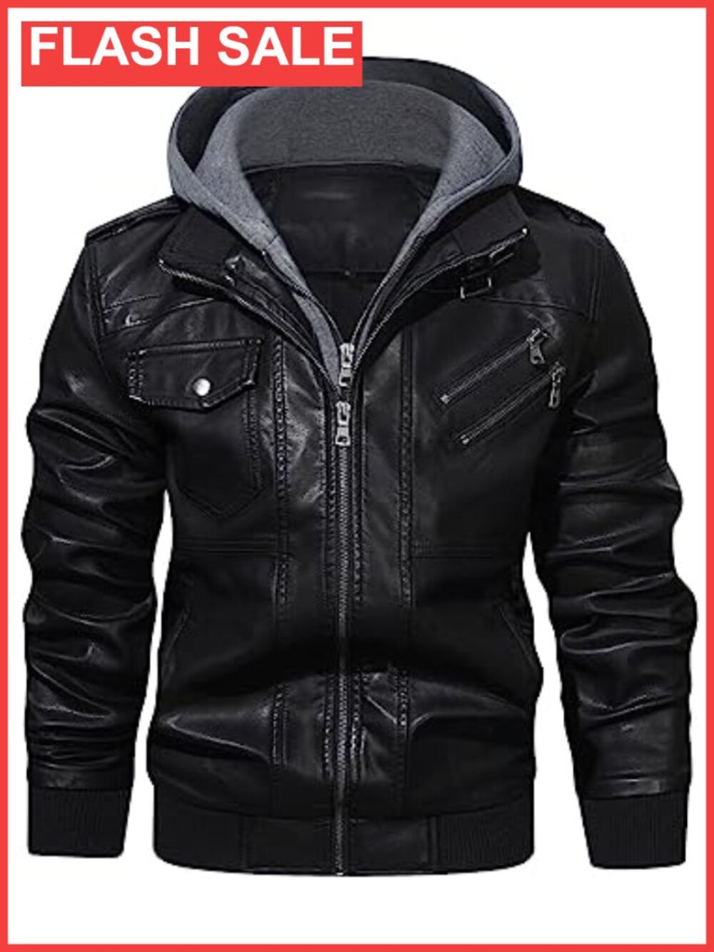 Stand Collar PU Faux Leather Zip-Up Motorcycle Bomber Jacket Removable Hood